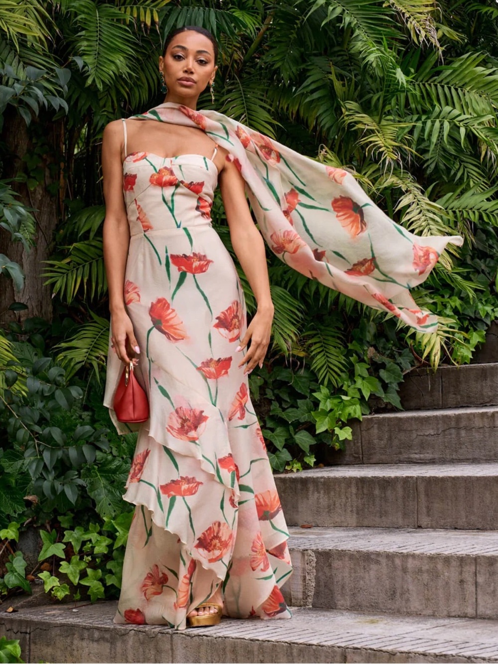 Tan Strapless red and green Floral Maxi Dress with Scarf